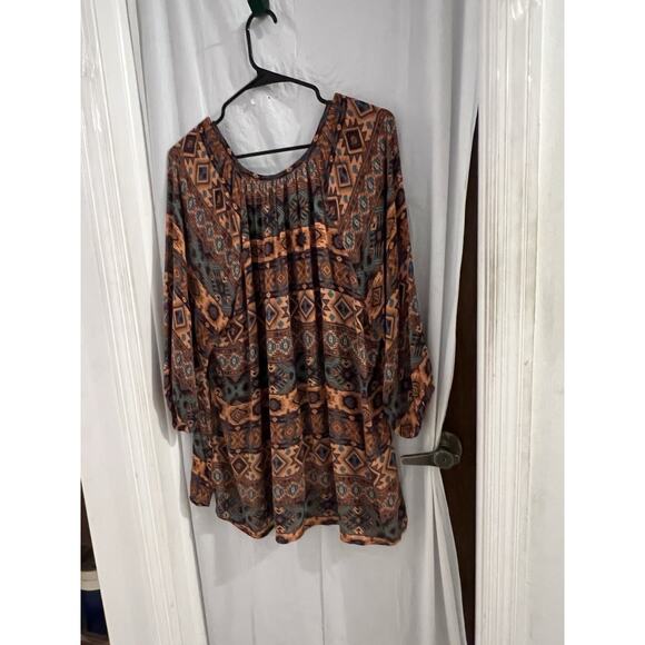 Natural Reflections Brown Turquoise Aztec Southwestern Popover Blouse Sz Xl - Picture 6 of 6